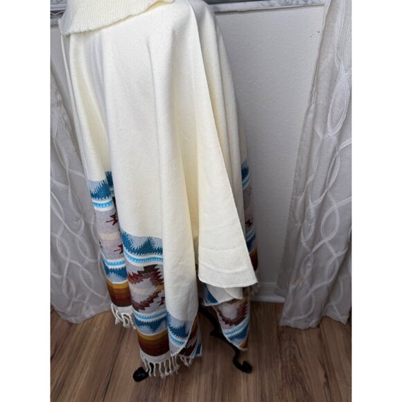 Vtg Ecuadorian Wool Cape Poncho wrap Southwest Aztec Fringe Hem festival Os htf - Picture 7 of 9